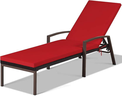 Tangkula Patio Rattan Lounge Chair, Outdoor Reclining Chaise with Cushion and Armrest, Wicker Sun Lounger with Adjustable Backrest for Garden, Balcony, Poolside (1, Red)