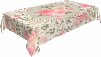 TKS MITLAN Shabby Chic Rose Pattern Tablecloth Decor Lace Frame with A Bouquet of Roses Table Cloth Dining Room Kitchen Table Cover 60" X 84" Oblong/Rectangle