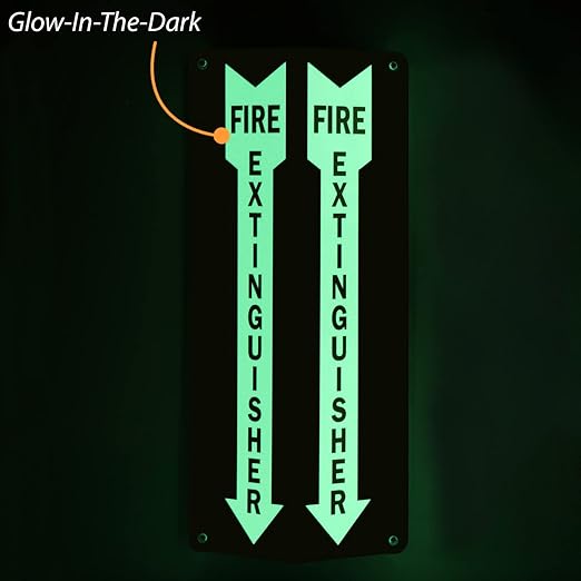 SmartSign "Fire Extinguisher" Two-Sided V-Shaped Projecting Sign with Down Arrow, 18 x 4 inch, 120 mil Thick Glow-In-The-Dark Polished Acrylic, Photoluminescent