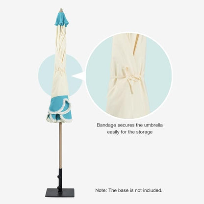 Tempera 9ft Scalloped Beige Spliced Blue Patio Umbrellas with Fringe, Market Umbrellas with Water-Resistant and Fade Resistant Canopy, 1.5" Wood Pole & Button Tilt