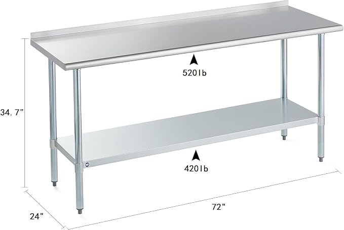 Stainless Steel Table for Prep & Work with Backsplash 24x72 Inches
