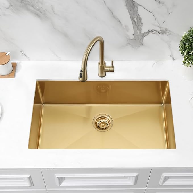 32 Inch Undermount Kitchen Sink Gold, Jshozzy 32x18 Stainless Steel Kitchen Sink Undermount 16 Gauge Gold Single Bowl Sinks Deep