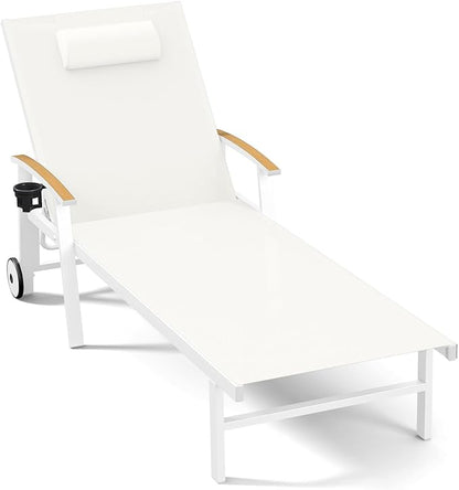 Ciokea Outdoor Lounge Chair with Pillow, 5-Position Aluminum Chaise Lounge with Wheels & Armrests, 400 lbs Heavy Duty Patio Pool Chair for Deck, Backyard, Beach & Poolside, White