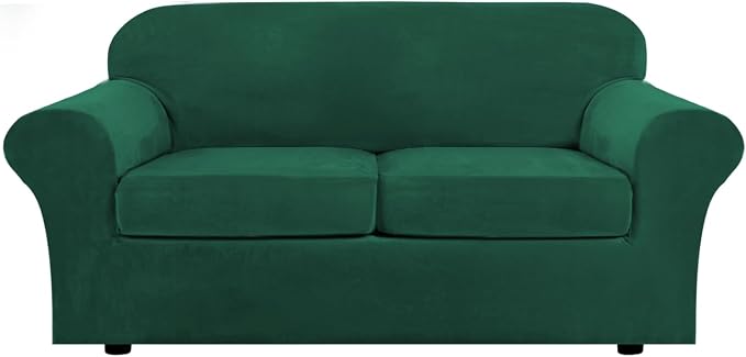 H.VERSAILTEX Real Velvet Plush 3 Piece Stretch Sofa Covers Couch Covers for 2 Cushion Couch Sofa Slipcovers Width Up to 90 Inch Feature Thick Soft Stay in Place (Large Sofa, Vintage Green)