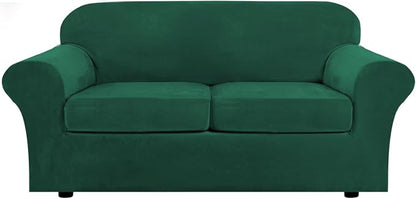 H.VERSAILTEX Real Velvet Plush 3 Piece Stretch Sofa Covers Couch Covers for 2 Cushion Couch Sofa Slipcovers Width Up to 90 Inch Feature Thick Soft Stay in Place (Large Sofa, Vintage Green)