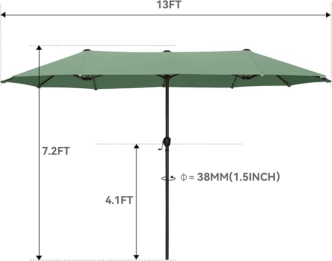 GREEN PARTY 13 ft Outdoor Patio Umbrella, Large Rectangular Table Umbrellas | Double-Sided, UV & Fade Resistant Canopy for Deck Poolside Garden Backyard, Market Umbrella with Crank & 1.5" Pole, Mint