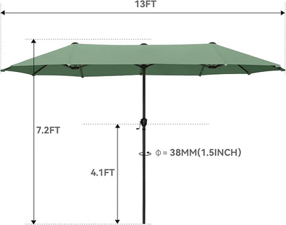 GREEN PARTY 13 ft Outdoor Patio Umbrella, Large Rectangular Table Umbrellas | Double-Sided, UV & Fade Resistant Canopy for Deck Poolside Garden Backyard, Market Umbrella with Crank & 1.5" Pole, Mint