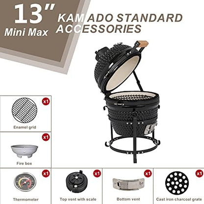 Portable Charcoal Grill 13" - Heavy-Duty Outdoor BBQ with Thermometer & Dual Access Doors, Perfect for Camping, Beach, Garden, Patio & Backyard - Black
