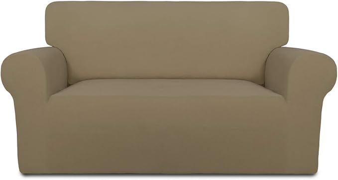 PureFit Stretch Loveseat Covers Fleece Couch Covers for Sofa Tan | 1-Piece Sofa Slipcover Soft Couch Protector, Sofa Cover Washable with Non Skid Foam and Elastic Bottom for Kids, Dogs