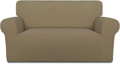 PureFit Stretch Loveseat Covers Fleece Couch Covers for Sofa Tan | 1-Piece Sofa Slipcover Soft Couch Protector, Sofa Cover Washable with Non Skid Foam and Elastic Bottom for Kids, Dogs