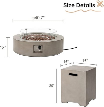 HOMPUS Outdoor Round Propane Fire Pit Table, 41''Fire Table w Wind Guard & 20lb Tank Cover Table, 50000 BTU Fire Pit w Free Waterproof Cover & Fire Stone for Patio, Garden, Grey