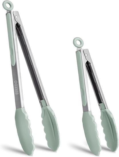 Tongs for Cooking, 600ºF High Heat-Resistant Stainless Steel Kitchen Tongs with Silicone Tips, Non Scratch, Locking Tong for BBQ Grilling Air Fryer Food Salads, Set of 2 (9" and 12") Sage Green