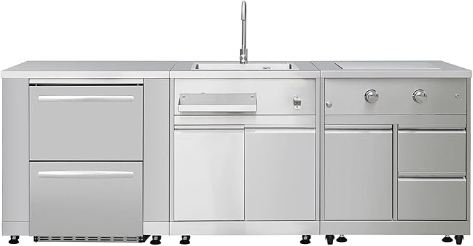 SINDA 4-Piece Outdoor Kitchen Package, 32" Side Burner, 24" Under-Counter Fridge, Refrigerator Cabinet, Outdoor Sink, Stainless Steel, 5.4 Cu. Ft. Capacity