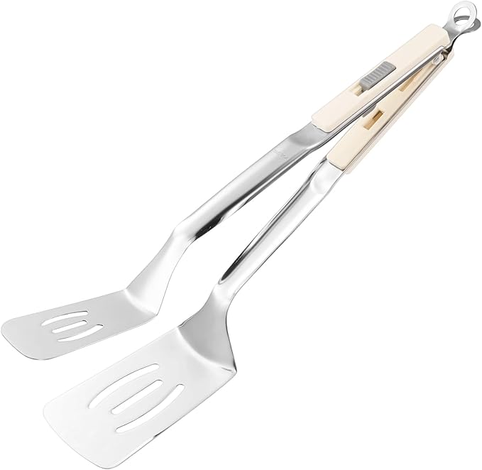 M METERXITY Spatula Tongs, 13.4 Inch 304 Stainless Steel Anti-Scald Extended Multifunctional Flipper Grill Clamp for Cooking/Barbecue, Kitchen Cooking Tongs [White Handle, Silver Tone]