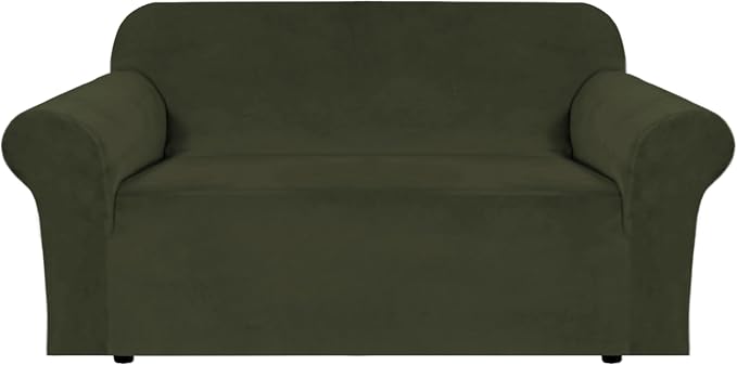 H.VERSAILTEX Stretch Velvet Loveseat Covers for 2 Cushion Couch Covers for Living Room Sofa Covers Slipcovers with Non Slip Straps Bottom, Ultra Thick Comfy Velour (Width 58"-72", Olive)