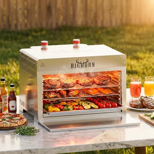 BIG HORN OUTDOORS 1500°F Infrared Propane Gas Grill – Portable Steak Broiler & Sear Station, Outdoor Salamander BBQ, Stainless Steel, 21.2 inch