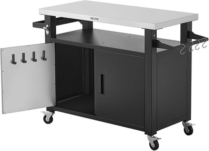 VEVOR Outdoor Grill Cart with Storage Cabinet, 53.1 Inch Grill Table, Waterproof Kitchen Island with Stainless Steel Top, Shelf, and Wheels, Movable Food Prep Station for Patio Bar Backyard BBQ