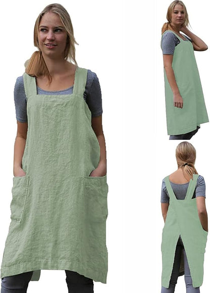 TBA Cotton Linen Apron Cross Back Apron for Women with Big Pockets Square Pinafore Dress for Baking Cooking BBQ & Grill