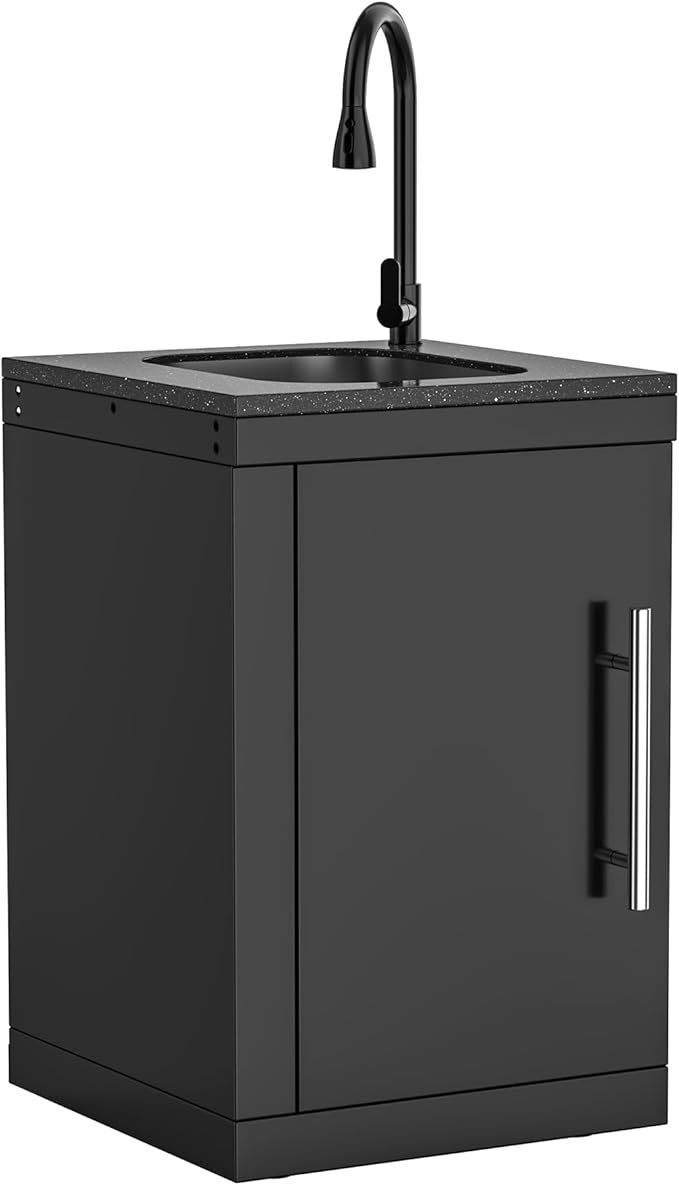Black Stainless Steel Single Door Outdoor Sink Cabinet, Standard Handle, Black Galaxy Granite Countertop, Pull-Down Faucet, Modular BBQ Island Prep Sink for Backyard - Black