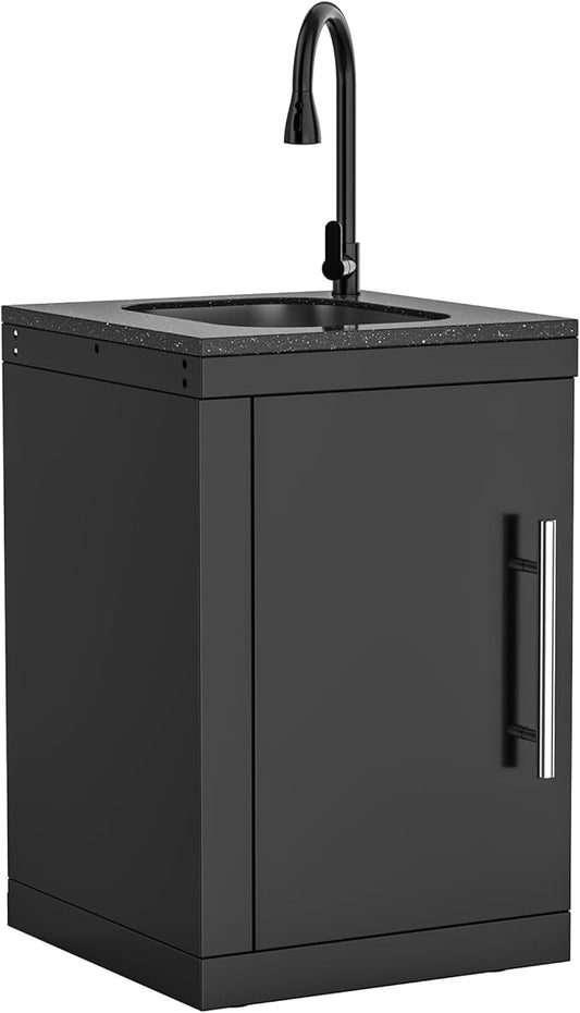 Black Stainless Steel Single Door Outdoor Sink Cabinet, Standard Handle, Black Galaxy Granite Countertop, Pull-Down Faucet, Modular BBQ Island Prep Sink for Backyard - Black
