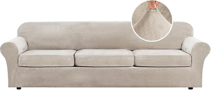 H.VERSAILTEX Modern Velvet Plush 4 Piece High Stretch Sofa Slipcover Furniture Protector Form Fit Velvet Extra Large Sofa Cover for 3 Cushion Couch Width Up to 105 Inch (XL Sofa, French Oak)