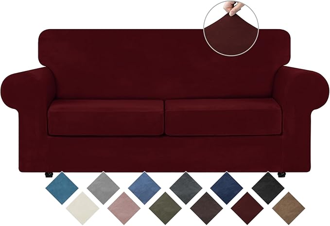 WEERRW Velvet Stretch 3 Pieces Couch Cover for Sofa Washable, Burgundy | Love Seat Couch Covers for 2 Cushion Couch Sofa Furniture Protector slipcoves with Elastic Bottom for Kids, Medium