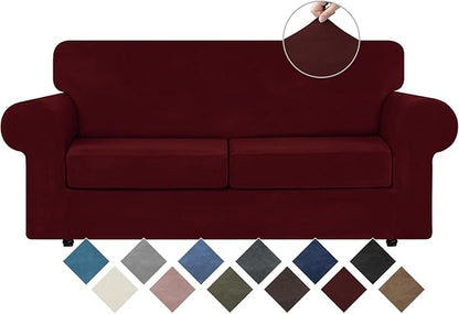 WEERRW Velvet Stretch 3 Pieces Couch Cover for Sofa Washable, Burgundy | Love Seat Couch Covers for 2 Cushion Couch Sofa Furniture Protector slipcoves with Elastic Bottom for Kids, Medium