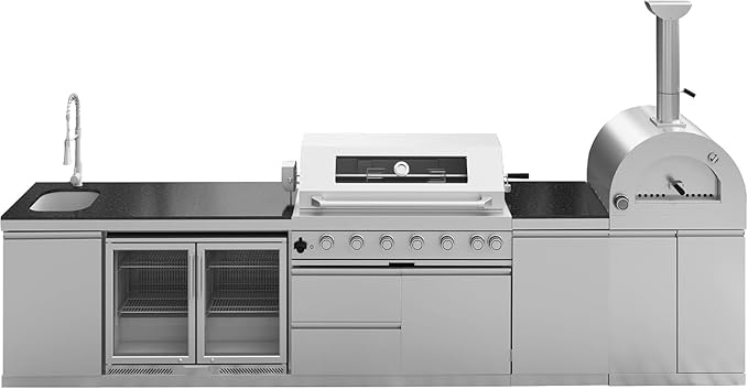 147" Modular Outdoor Kitchen,120,000 BTU Stainless Steel Propane Grill with Built-In Pizza Oven,Rotisserie,Double Door Refrigerator,Granite Countertop,Storage Drawers & Cabinets.