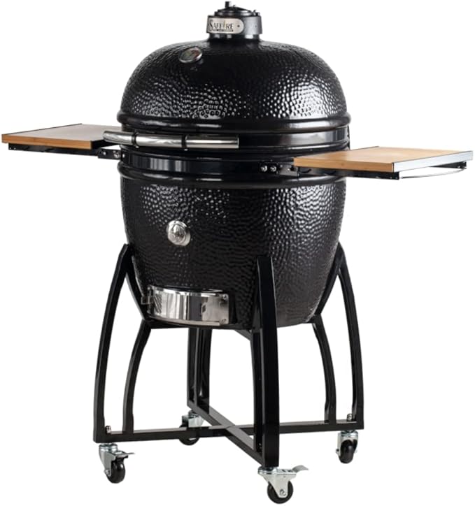 Saffire Kamado XL Ceramic Grill and Smoker – Includes Cart, Crucible Firebox, Smokin’ Chip Feeder, Multi-Grids, Heat Deflector, Ash Tool, and Stainless Steel Components for Charcoal Cooking