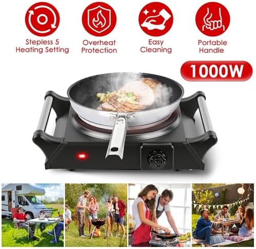 1000W Portable Single Burner Heating Stove Countertop RV Hotplate with 5 Temperature Stepless Adjustments Portable Handles