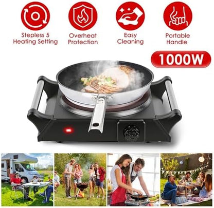 1000W Portable Single Burner Heating Stove Countertop RV Hotplate with 5 Temperature Stepless Adjustments Portable Handles