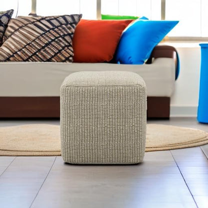 SIMPLIHOME Zelma 18" Wide Square Pouf in Cream/Natural PET Polyester | Versatile boho indoor/outdoor footstool, extra seating for living room or bedroom or patio with assembled design, assembled.