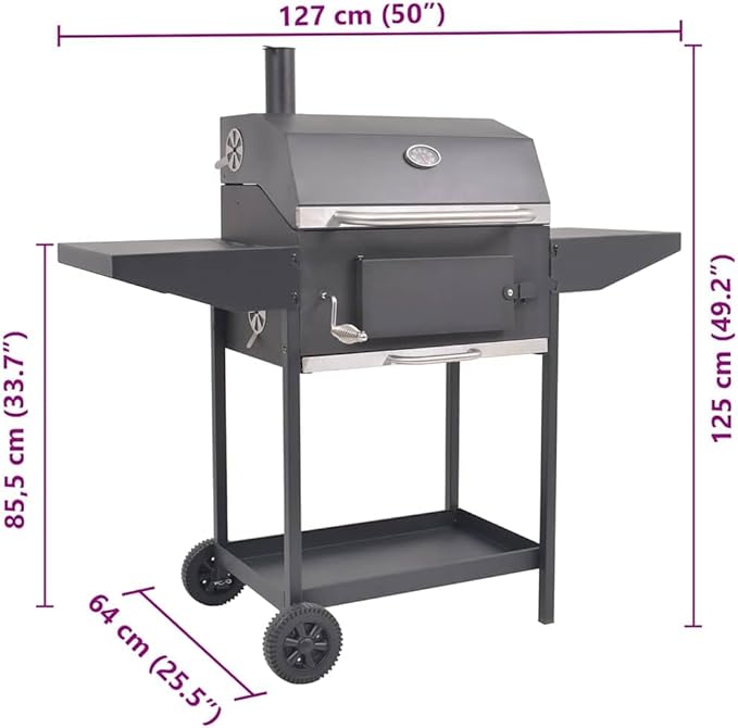 Charcoal BBQ Smoker Grill with Offset Firebox, Heavy Duty Barbecue Smoker with Side Tables and Bottom Shelf for Outdoor Cooking, Garden Parties, Black