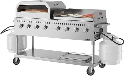 Pemberly Row 60" Commercial Outdoor Propane BBQ Grill with Pizza Oven Attachment, 8-Burner Stainless Steel Gas Grill