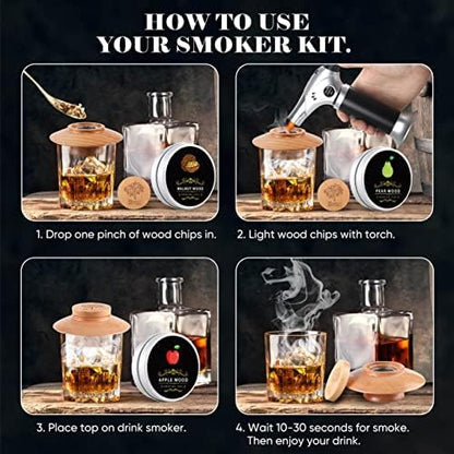 Cocktail Smoker Kit – Premium Old Fashioned Cocktail Kit Whiskey Smoker Kit Includes 4 Wood Chips, Torch, Cover – Smoking Accessories Bourbon Gifts for Men