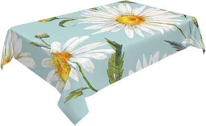 Decorative Rectangle Table Cloths Watercolor Floral Daisy White Chamomile Plant Green Tablecloth Table Cover for Dining/BBQ/Picnic/Coffee Table 52 X 70 Inches