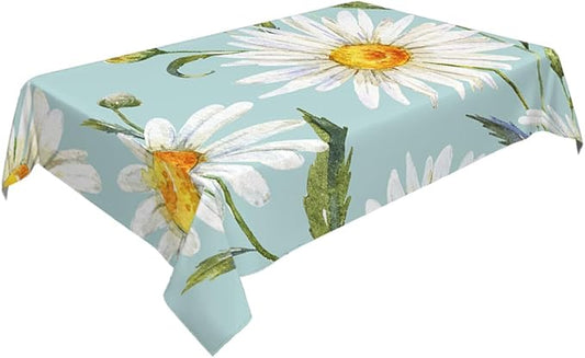 Decorative Rectangle Table Cloths Watercolor Floral Daisy White Chamomile Plant Green Tablecloth Table Cover for Dining/BBQ/Picnic/Coffee Table 52 X 70 Inches