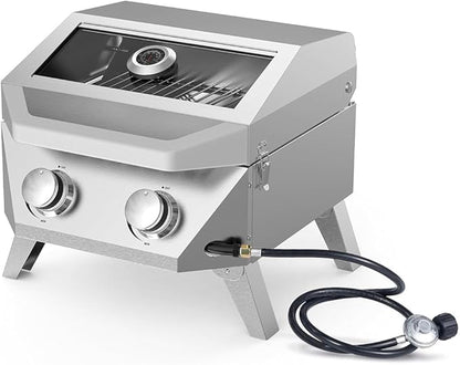 Bestfire 2-Burner Tabletop Gas Grill with Viewing Glass Lid, 20,000 BTU Stainless Steel Portable Propane BBQ Grill, Built-in Thermometer & Push-Button Ignition, for Outdoor Camping, RV, Tailgating