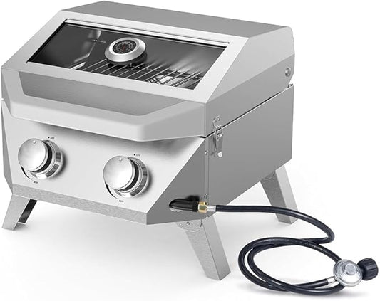 Bestfire 2-Burner Tabletop Gas Grill with Viewing Glass Lid, 20,000 BTU Stainless Steel Portable Propane BBQ Grill, Built-in Thermometer & Push-Button Ignition, for Outdoor Camping, RV, Tailgating