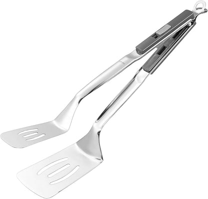 M METERXITY Spatula Tongs, 13.4 Inch 304 Stainless Steel Anti-Scald Extended Multifunctional Flipper Grill Clamp for Cooking/Barbecue, Kitchen Cooking Tongs [Gray Handle, Silver Tone]