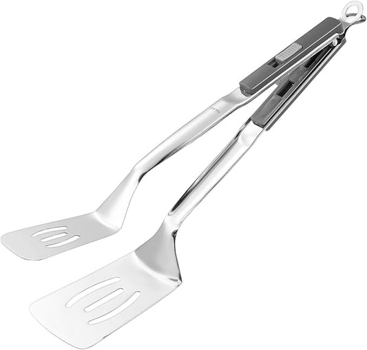 M METERXITY Spatula Tongs, 13.4 Inch 304 Stainless Steel Anti-Scald Extended Multifunctional Flipper Grill Clamp for Cooking/Barbecue, Kitchen Cooking Tongs [Gray Handle, Silver Tone]