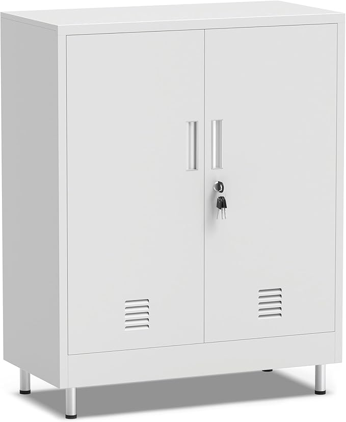 JINGUR Metal Storage Cabinet with Locking Doors and 2 Adjustable Shelves, Lockable Storage Cabinet for Home Office Garage Pantry Living Room (White)