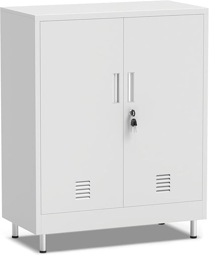 JINGUR Metal Storage Cabinet with Locking Doors and 2 Adjustable Shelves, Lockable Storage Cabinet for Home Office Garage Pantry Living Room (White)