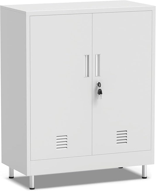 JINGUR Metal Storage Cabinet with Locking Doors and 2 Adjustable Shelves, Lockable Storage Cabinet for Home Office Garage Pantry Living Room (White)