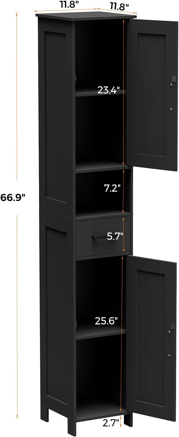 Homhedy 67" H Tall Bathroom Storage Cabinet with Barn Doors and Drawer | Narrow Storage Unit with Adjustable Shelves, Floor Cabinet for Bathroom, Living Room, Entryway or Kitchen, Black, 11.8" W