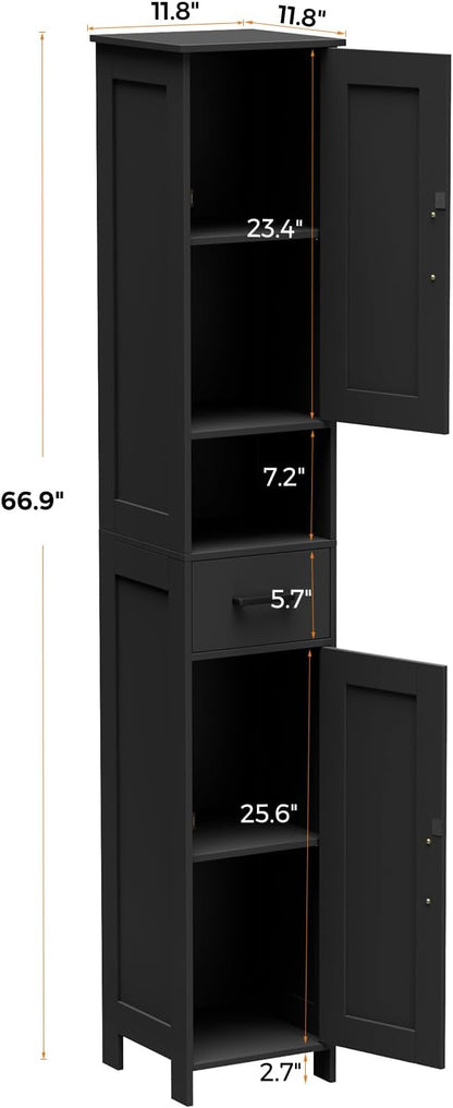 Homhedy 67" H Tall Bathroom Storage Cabinet with Barn Doors and Drawer | Narrow Storage Unit with Adjustable Shelves, Floor Cabinet for Bathroom, Living Room, Entryway or Kitchen, Black, 11.8" W