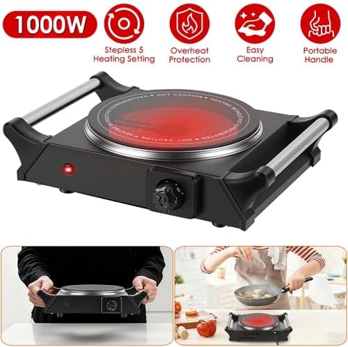 1000W Portable Single Burner Heating Stove Countertop RV Hotplate with 5 Temperature Stepless Adjustments Portable Handles
