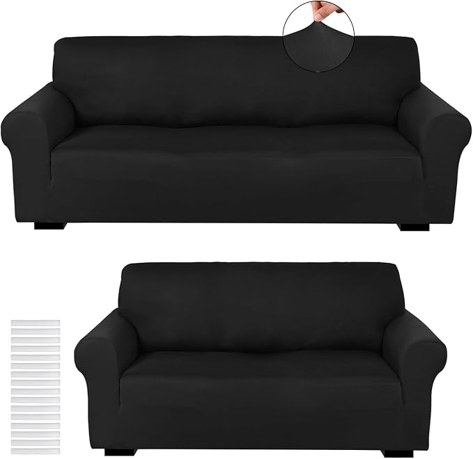 Peryiter 2 Pcs Couch and Loveseat Sofa Covers,Black,Milk Silk | Armchair Covers for Living Room, Sofa Cushion Slipcover 2/3 Seater, Furniture Protector, Polyester and Spandex, Washable