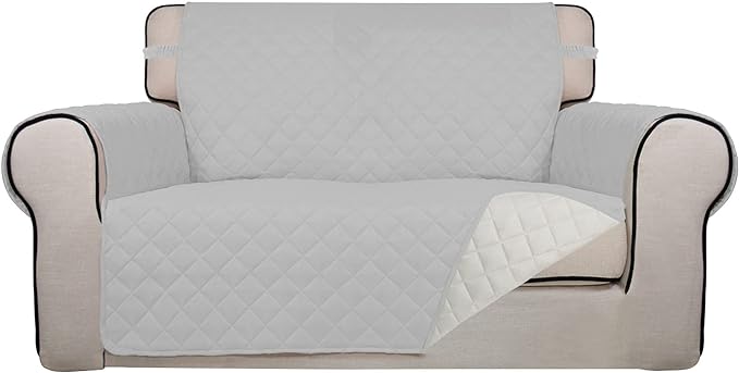 PureFit Reversible Quilted Couch Covers for Dogs Loveseat Sofa Cover 46.5” | Light Gray/Ivory, Water Resistant Couch Protector, Washable Pet Couch Cover with Non Slip and Elastic Straps For Kids