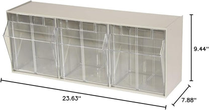 Akro-Mils TiltView Plastic Storage Cabinet with 3 Tilt Out Bins, Horizontal Plastic Parts Organizer, Teacher Toolbox, and Office Supply Organizer, 23-5/8" W x 9-7/16" H x 7-7/8" D, Stone